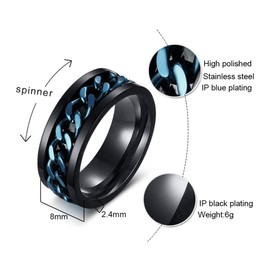 MMTTAO Men's Spinner Fidget Rings Chain Rotation Ring for Men Women 8MM Blue Black Gun Plated Intertwine Ring Motorcycle Biker Bicycle Chain Ring Punk Rock Bands Gift for His Male, Blue Black, Size 9
