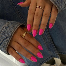 Hot Pink Press on Nails Short Oval Round Nails Glue on, SXVME Neon Fake Nails Press ons, Acrylic False Nails Handmade of Gel, Best Thick Fushia Short Almond Nails for Big & Petite Fingers, 24Pcs