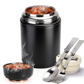 Juome Thermo for Hot Food, 18oz Soup Thermo Lunch Box for Adults, Insulated Vacuum Food Jar Container with Spoon&Fork, Leak Proof Stainless Steel Wide Mouth Thermo for Hot & Cold Foods, Drinks (Black)