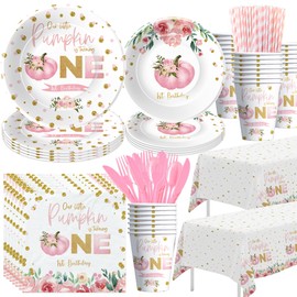 HYOWCHI Our Little Pumpkin Is Turning One Decorations Tableware Girl, Pink Floral Fall Thanksgiving Pumpkin 1st Birthday Party Supplies, Paper Plate, Cup, Napkin, Tablecloth, Cutlery, Serves 24
