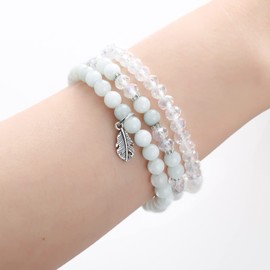 Noessla Stackable Crystal Beaded Bracelets for Women Boho Multi Layer Stretch Bracelets Natural Stone Bead Bracelet with Leaf Charm Jewelry for Women(Pure white)