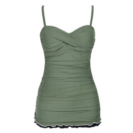 Mycoco Women's One Piece Swimdress Tummy Control Bathing Suit Front Cross Monokini Ruffled Hem Swimsuits Swim Dress, Army Green, 10