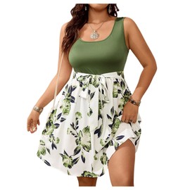 SOLY HUX Women's Plus Size Floral Tank Dress Sleeveless Square Neck A Line Flowy Belted Summer Short Dresses Green Floral X-Large Plus