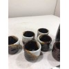 JAPANESE ceramic sake set, 1 bottle with 6 cups, brown