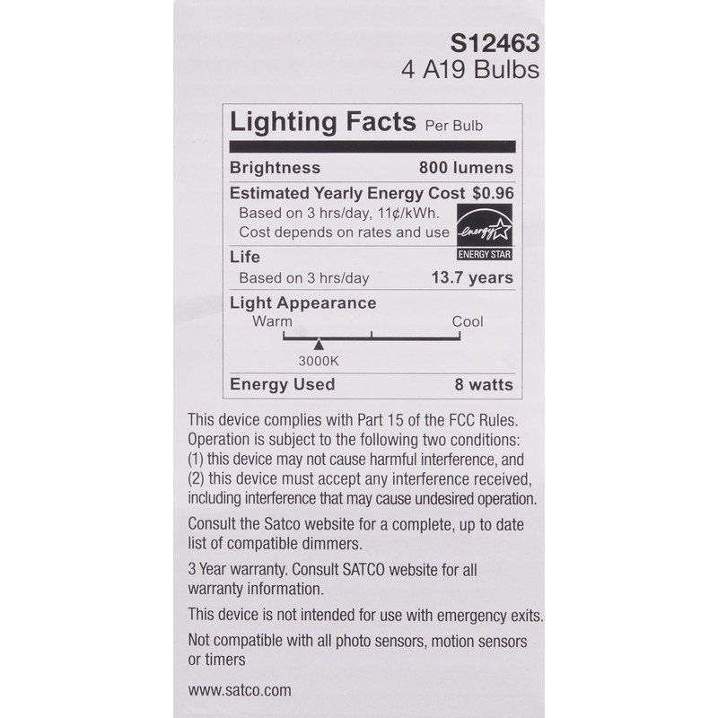 Satco S12463 8 Watt A19 LED Bulb, Clear, 3000K, Medium