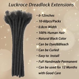Loc Extensions Human Hair 8inch 10 Strands Handmade Permanent Dreadlock Extensions For Women/Men Can Be Dyed,Curled and Bleached(Width 0.8 cm,8 inch,Natural Black)
