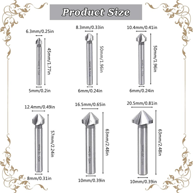 Begpoee 6-Piece HSS 90 Degree Countersink Drill Set, Countersink Drill