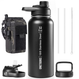OneTigris 32 oz Insulated Water Bottle with Straw - Tactical Stainless Steel Water Jug, Leakproof Thermos Wide Mouth Sport bottle with 3 Lids and Sleeve for Travel, Gym, Camping, Hiking