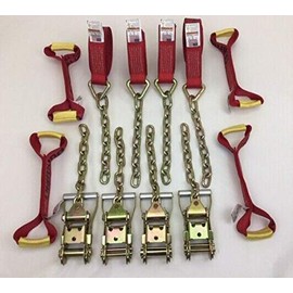 8 Point Kit 14' Heavy Duty Red Diamond Weave Strap Kit for Rollback/Flatbed Tie Downs with 12" Chain Tail