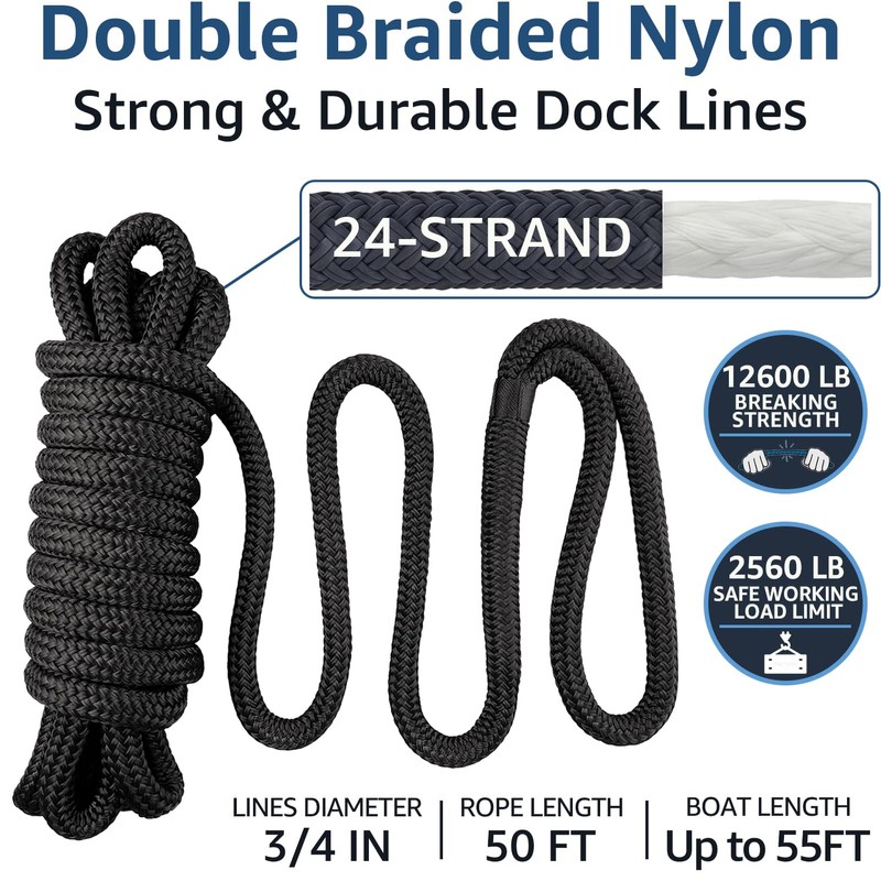 Boat Dock Lines 3/4" x 50ft - Double Braided Nylon
