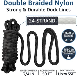 Boat Dock Lines 3/4" x 50ft - Double Braided Nylon Boat Ropes for Docking with 18" Loop, Marine-Grade High Strength Boat Lines Dock Rope, Premium Marine Rope Mooring Lines, Heavy Duty - 2 Pack, Black