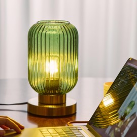 HSMKL Modern Green Ribbed Glass Table Lamps Mid Century Bedside Light Small Nightstand Lamp with Plug-in Style, E26 Night Lighting for Bedroom Living Room Tabletop