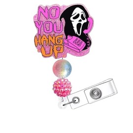 Horror Movie Themed Retractable Badge Holder, Pink and Orange Design with Decorative Beads, Belt Clip and Reinforced Strap