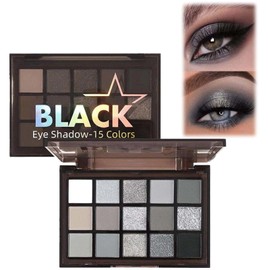 Glitter & Matte Black Eyeshadow Palette - 15 Shades Smokey Black, Silver, Gray, and White - Long-Lasting and Highly-Pigmented Makeup Kit for Women