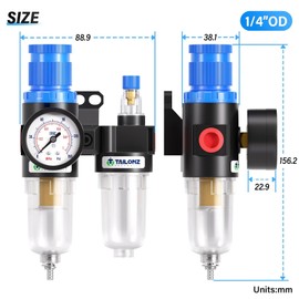 TAILONZ PNEUMATIC 1/4 Inch BSP AFC2000 Air Filter Pressure Regulator Kit（0-1 MPA）5 Micron Brass Element Air Tool Compressor Filter with Gauge and Lubricator Cup