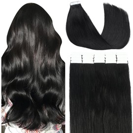 VINBAO Tape In Hair Extensions Human Hair, 20Inch 50g 20pcs Real Human Hair Tape Extensions #1 Jet Black Remy Tape Hair Extensions Seamless Straight Hair Extensions (T20Inch, #1)
