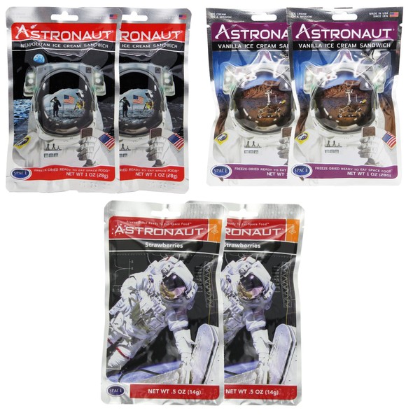 Astronaut Freeze Dried Ice Cream & Fruit Pack - Neapolitan Ice Cream Sandwich, Vanilla Ice Cream Sandwich & Stawberries (6 Packs)