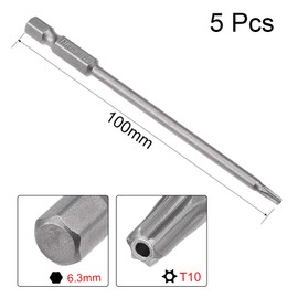 sourcing map 5 Pcs 1/4" Hex Shank T10 Magnetic Security Torx Screwdriver Bits 100mm Length