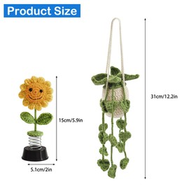 2 pcs Car Decor, lyfLux Car Ornaments for Rear View Mirror, Crochet Car Accessories, Needle Hook Plant Hanging Basket and Sunflower Smiley Face, for Car Dashboard and Rear View Mirror Decoration