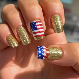 American Flag Press on Nails 24Pcs Glossy French Tips Stick on Nail 4th of July Fake Nails Medium Square Acrylic Full Cover False Nail Fourth of July Gel Glue on Fingernails for Holiday Manicure Art