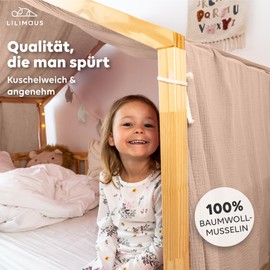 lilimaus House Bed Canopy, Made of 100% Cotton Muslin, Handmade, Fabric Bed Decoration, Girls and Boys, Children, Bed Curtain for Children's Bed, Beige Pink