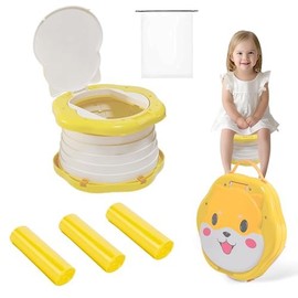 Tortable Toddler Potty，Travel Potty，Potty Training Toilet Seat for Toddlers Boys Girls，for Travel，Camping, Outdoor, Indoor，With 75 Disposable Bags，Cartoon Design, Children Will Like it More