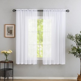 MYSTIC-HOME White Sheer Curtains 45 Inch Long 2 Panels, Short Voile Drapes for Kitchen Dinning Small Windows, Light Filtering Sheer Curtains for Living Room Bedroom Bathroom, Rod Pocket, 52" Wx45 L