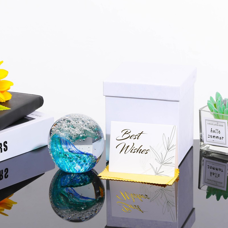 Enjinkail Hand Blown Ocean Waves Crystal Ball - Glass Collectible