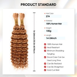 Human Braiding Hair 24 Inch 100g Honey Blonde Deep Wave Bulk Human Hair for Braiding No Weft Curly Bundles Human Hair Extensions for Boho Knotless Braids Wet and Wavy Braiding Hair (#27)