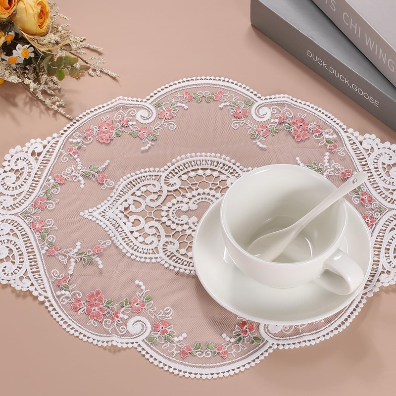 sourcing map Retro Lace Placemat 12x17-in Oval Embroidered Table Place