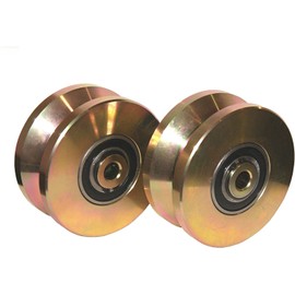 JM Steel 4'' Inch Solid Slide Gate V Groove Caster. Gold Colored. Wheel Roller Sliding Capacity of 3000 pounds with Flat Washer, Nut, Tension Washer and Screw Double Bearing Pair