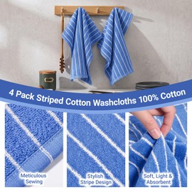 Blue White Stripe Hand Towels 4 Pack, 14.6x14.6 Inch Cotton