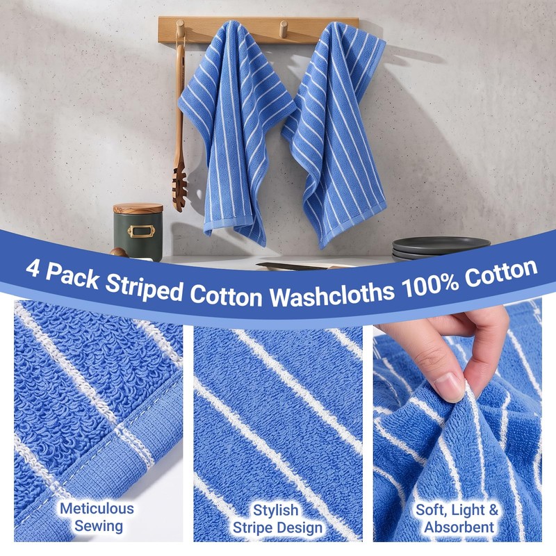 Blue White Stripe Hand Towels 4 Pack, 14.6x14.6 Inch Cotton