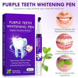 Teeth Whitening Pen 6 Packs, Purple Teeth Whitening Pen for Teeth Whitening, Hydroxyapatite for Stain Removal, Color Correcting Whiter Gel Pen for Sensitive Teeth, Support Oral Hygiene