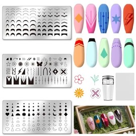 UNICRAFTALE 3 Piece Nail Stamp Set French Nail Stamp Plate French Line Lace Flowers Heart Picture Nail Stencils Nail Art DIY Stamp Template with Nail Scraper for Women Nail Design Tools