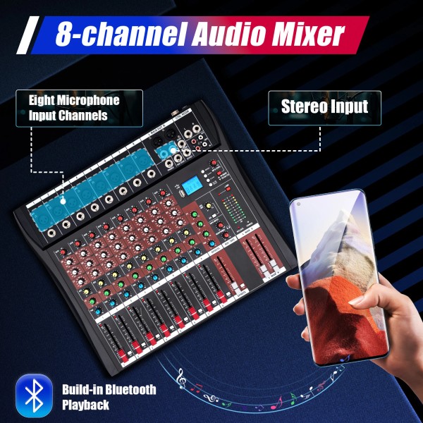 Unbranded Pro 8 Channel Bluetooth Studio Audio Mixer Live Sound