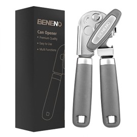 Can Opener Manual, Can Opener with Magnet, Hand Can Opener with Sharp Blade Smooth Edge, Handheld Can Openers with Big Effort-Saving Knob, Can Opener with Multifunctional Bottles Opener, Gray