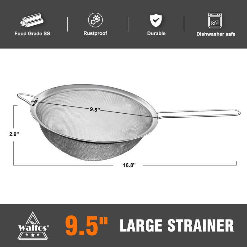 Walfos 9.5 Inch Large Fine Mesh Strainer, Stainless Steel 30