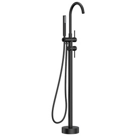 FORIOUS Free Standing Tub Faucet, Tub Filler Freestanding Bathtub Filler Floor Mount Brass Bath Shower Faucets Standing with High Flow Swivel Spout and Handheld Shower Mixer Taps, Matte Black