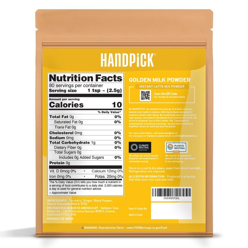 HANDPICK Golden Milk Powder with Turmeric - (7oz, 80 servings)