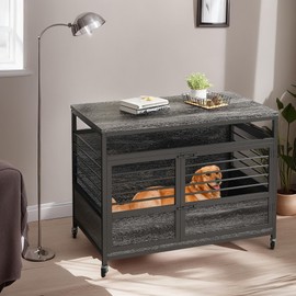 YITAHOME 39" Dog Crate Furniture with Wheels, Farmhouse Decorative Wood Dog Cage End Table Chew-Resistant Wooden Dog Kennel Indoor for Small Dogs, Grey