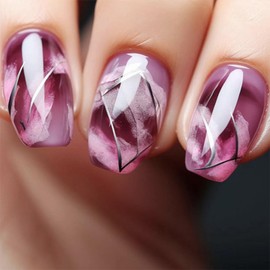 Marble Press on Nails Medium Square Fake Nails Wine Red Full Cover Mirror Purple False Nails with Design Upgrade Glossy Glue on Nails Acrylic Nails Artificial Nails for Women Girls Manicure 24Pcs