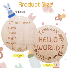 5.9 Inch Wooden Hello, World Baby Signs, Hangable Baby Announcement Sign, Baby Name Signs for Hospital Records, Nursery Decor, Birth Information Memorials, Baby Shooting Props