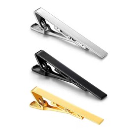 3 Pack Tie Clips for Men, Long Style Necktie Bar Clip Set with Square Edges in Silver Gold Black, Classic Tie Tack Pins for Wedding, Business, Formal Suit, Shirt, or Skinny Tie Accessories