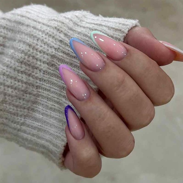 Colorful French Tip Press on Nails Medium Long Stiletto Fake