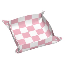 Checkered Jewelry Tray, Pink PU Leather Cute Aesthetic Checkered Room Decor Preppy Accessories for Teen Girls Women, 8 Inches
