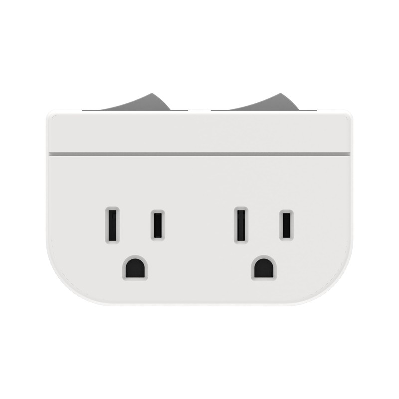 Grounded Double Outlet Power Adapter with Separate On/Off Rocker Switches,
