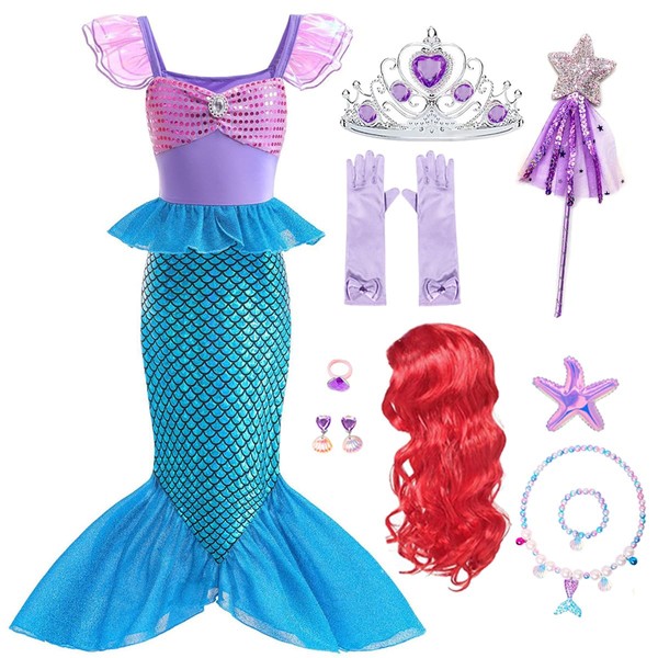 Tyidalin Princess Mermaid Costume Girls Ariel Dress Kids Halloween Carnival Party Birthday Fancy Dress Blue 116-122 (Tag 120)