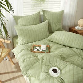 YASMENG Seersucker Bed Linen 135 x 200 cm Green Striped Bed Linen Seersucker Modern Bed Linen Microfibre Soft Breathable Duvet Cover Set 2-Piece with Zip and 80 x 80 cm Pillowcase