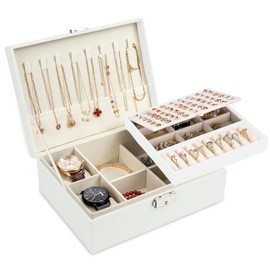 Moseem Jewellery Box Organiser for Women Girls,2-Layer Large Jewellery Organiser Box with 2 Watch Pillows,Removable Tray,PU Leather Jewellery Boxes for Earrings Rings Necklaces Watches Bracelets,White